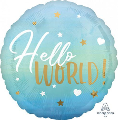 45cm blue foil balloon with 'Hello World' greeting for baby boy celebration, self-sealing design.
