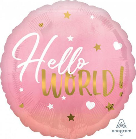 45cm pink foil balloon with 'Hello World' design for baby girl celebrations and party decor.