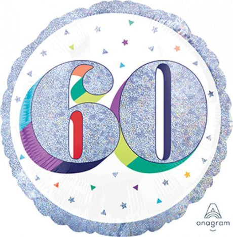 45cm holographic foil balloon with 'Here's to Your Birthday 60' text, perfect for milestone birthday celebrations.
