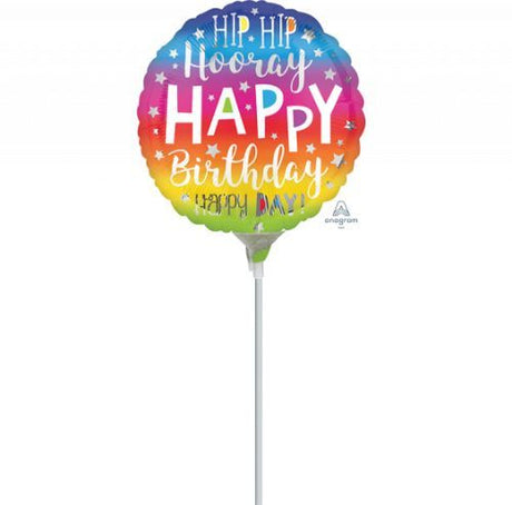 10cm foil balloon with 'Hip Hip Hooray Happy Birthday' design, perfect for festive birthday celebrations.