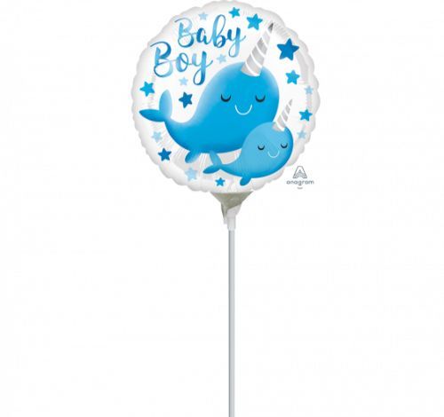 Charming 22cm foil balloon featuring a whimsical narwhal design, perfect for baby showers and nursery decor.