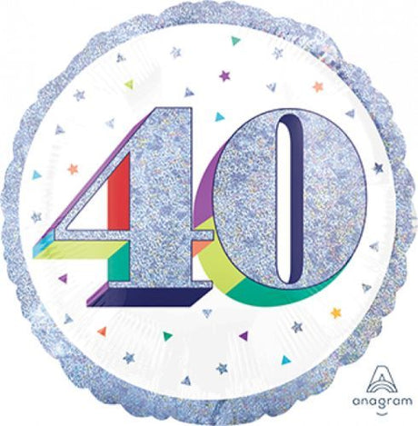 Vibrant 45cm holographic balloon celebrating a stylish 40th birthday with a festive design and self-sealing feature.