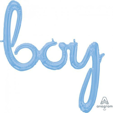 Pastel blue Script Phrase Balloon Boy, 73cm x 81cm, self-sealing foil balloon for kids' parties and celebrations.