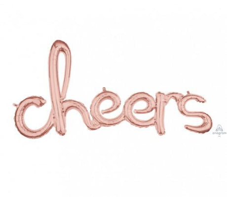 Rose Gold Script Phrase Balloon reading 'cheers', 101cm x 53cm, ideal for elegant celebrations and photo opportunities.