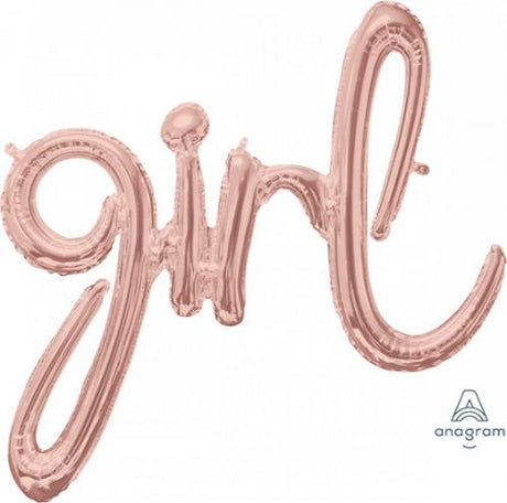 Rose Gold Script Phrase Balloon for parties, measures 73cm x 76cm, self-sealing, air fill only, adds glamour to celebrations.
