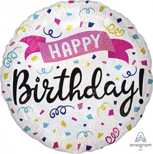 Holographic foil banner balloon reading 'Happy Birthday' with a sparkling design, measuring 45cm.