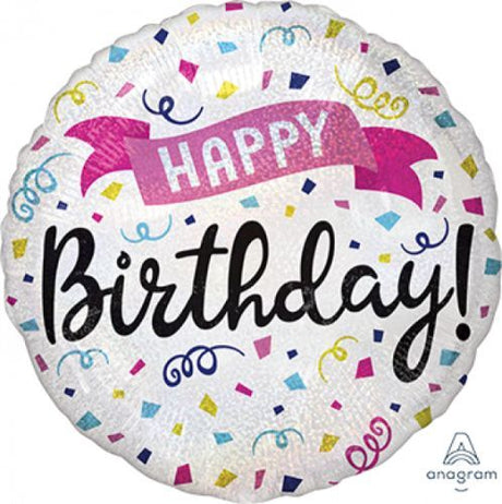Holographic foil banner balloon reading 'Happy Birthday' with a sparkling design, measuring 45cm.
