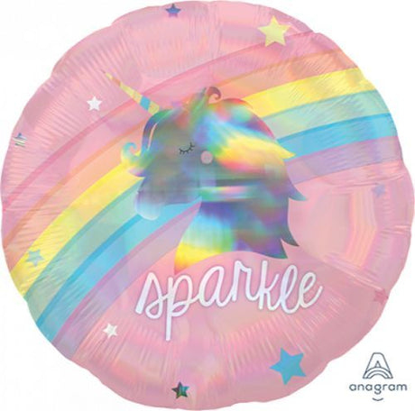 45cm holographic unicorn balloon with rainbow sparkle, perfect for parties and celebrations, lightweight and durable.