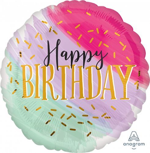 Vibrant 71cm watercolour 'Happy Birthday' foil balloon, perfect for colorful birthday celebrations and lasting joy.