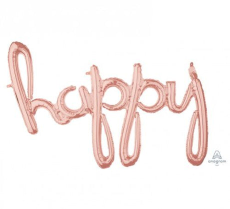 Rose Gold 'Happy' script balloon, 99cm x 68cm, perfect for birthdays and celebrations, adds elegance to any party decor.