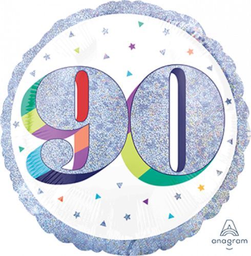 Holographic 45cm balloon with 'Here's to Your Birthday 90' design, perfect for milestone birthday celebrations.