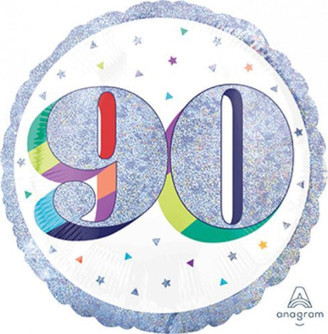 Holographic 45cm balloon with 'Here's to Your Birthday 90' design, perfect for milestone birthday celebrations.