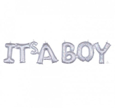 Silver holographic balloon with 'IT'S A BOY' script for baby showers and gender reveals.