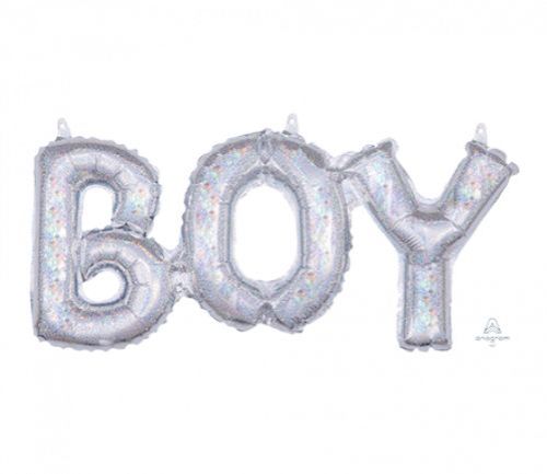 Silver holographic foil balloon reading 'BOY', perfect for birthdays and baby showers, measures 50cm x 22cm.