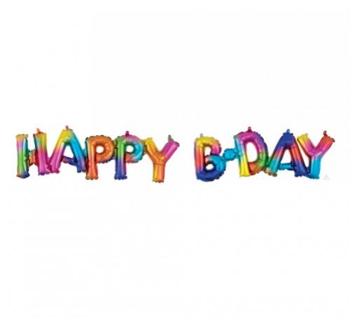 Colorful foil balloon with 'HAPPY BDAY' script, featuring a vibrant rainbow splash design for festive birthday celebrations.