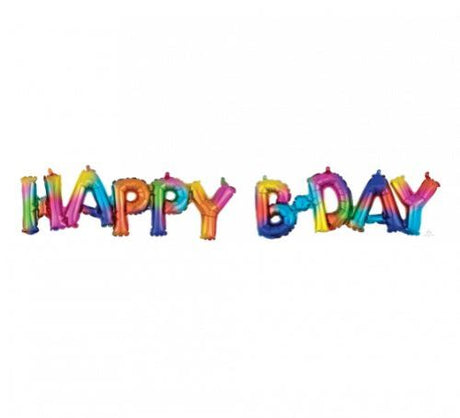 Colorful foil balloon with 'HAPPY BDAY' script, featuring a vibrant rainbow splash design for festive birthday celebrations.
