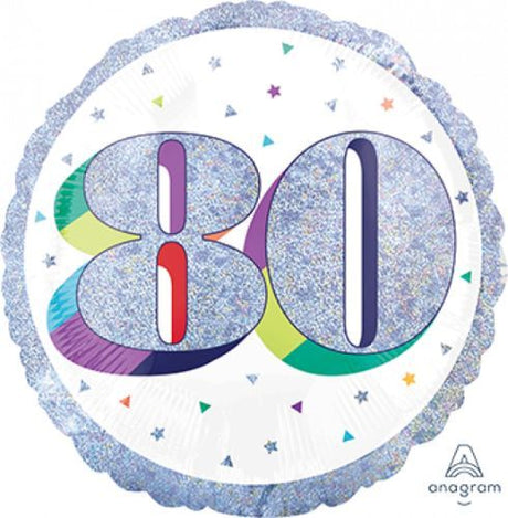 Holographic 'Here's to Your Birthday 80' balloon, 45cm, perfect for glamorous 80th birthday celebrations.