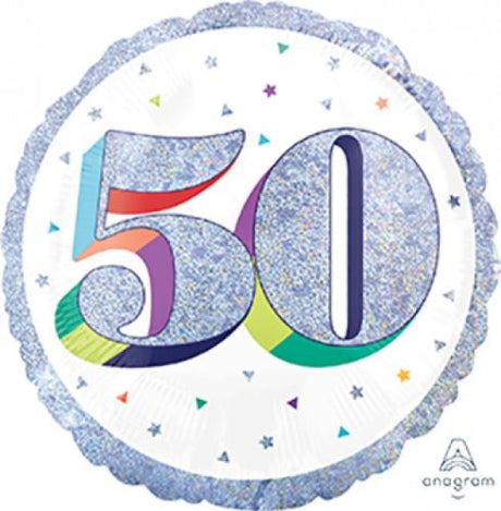 45cm holographic foil balloon saying 'Here's to Your Birthday 50', perfect for milestone birthday celebrations.