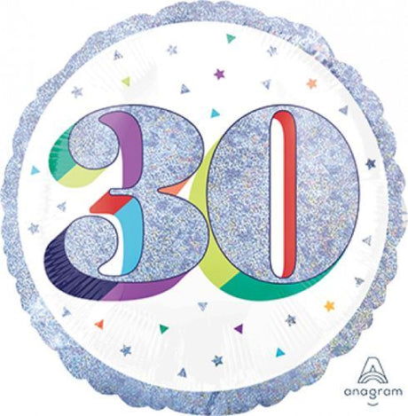45cm holographic balloon with 'Here's to Your Birthday 30', perfect for celebrating milestone birthdays.