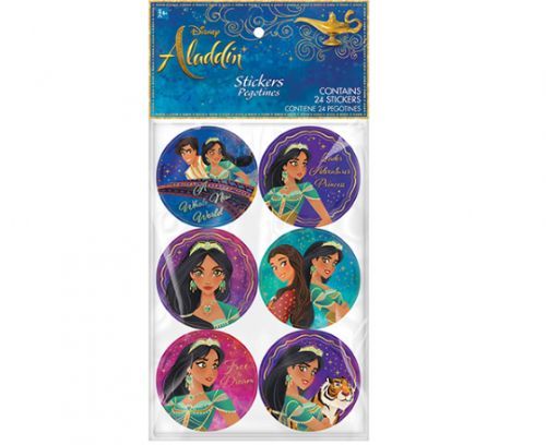Vibrant Aladdin stickers featuring characters and designs, perfect for crafts and decorating school supplies.