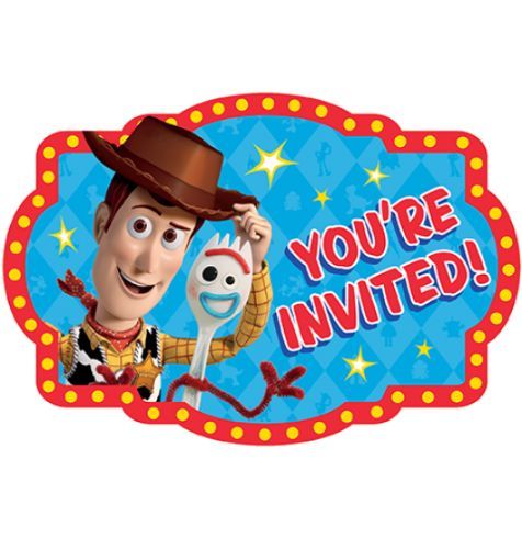 Colorful Toy Story 4 postcard invitations featuring Woody, Buzz Lightyear, and Forky - perfect for birthday parties.