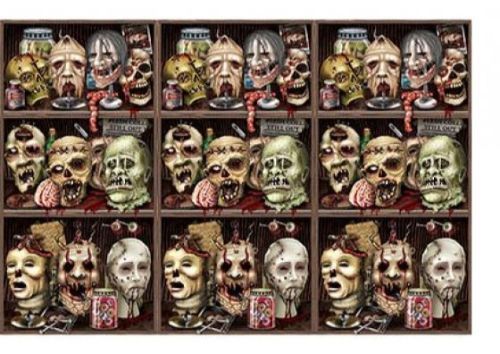 Spooky 1.2m x 9.1m plastic backdrop featuring eerie zombie heads, perfect for Halloween parties and haunted house decor.