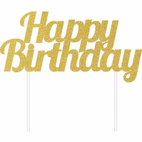 Gold glittered 'Happy Birthday' cake topper, 15cm x 18cm, perfect for adding elegance to birthday cakes.