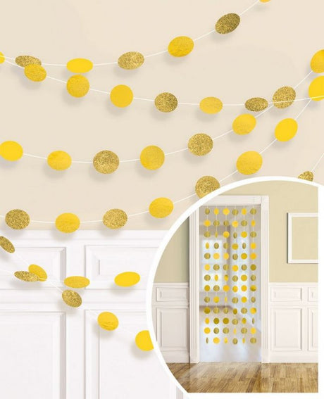 Pack of 6 glitter round yellow sunshine string decorations, perfect for brightening up parties and events.