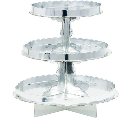 Elegant 3 tier silver cupcake stand, 11 inches, perfect for showcasing desserts at any celebration.