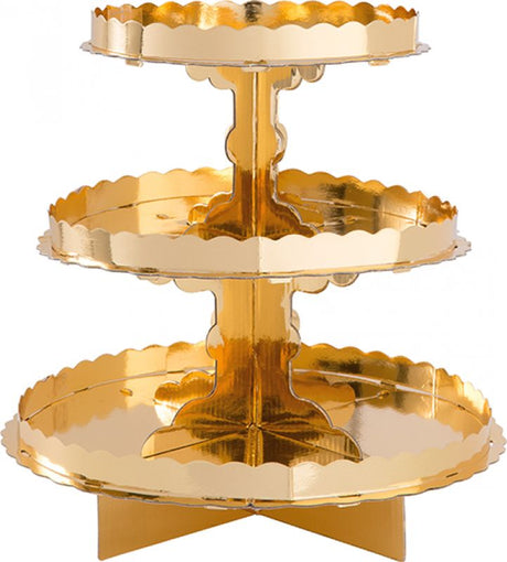 Elegant 3 Tier Gold Cupcake Stand, 11 inches, perfect for showcasing desserts at weddings and parties.