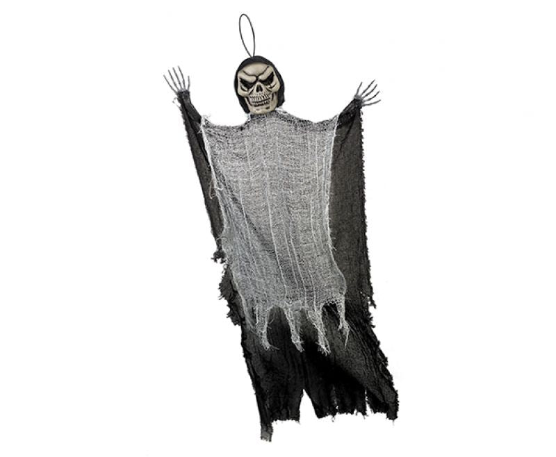 Life-sized 1.21m black reaper hanging decoration with flowing cloak, perfect for eerie Halloween displays.