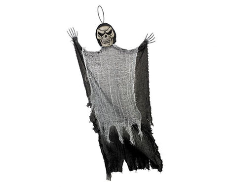Life-sized 1.21m black reaper hanging decoration with flowing cloak, perfect for eerie Halloween displays.