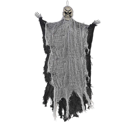 Medium Black Reaper hanging prop measures 61cm, combining fabric and plastic for a spooky Halloween decoration.