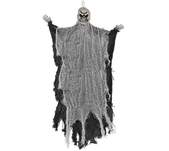 Medium Black Reaper hanging prop measures 61cm, combining fabric and plastic for a spooky Halloween decoration.