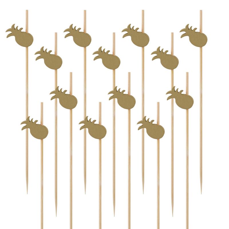 Pack of 24 Key West pineapple wooden picks, 11 cm long, perfect for appetizers and adding tropical flair to parties.