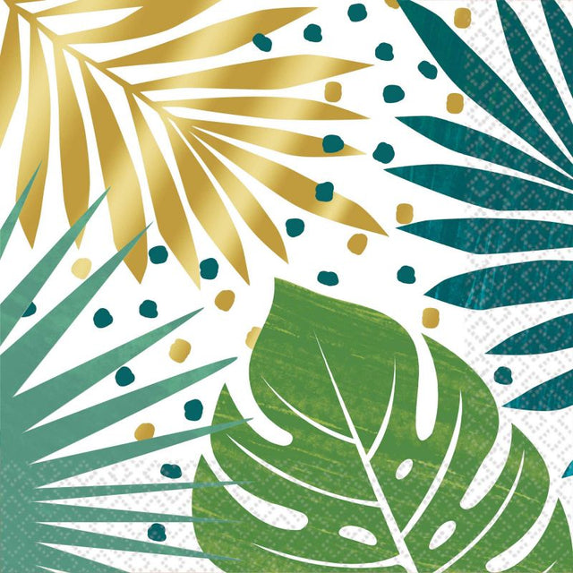 Pack of 16 Key West lunch napkins with palm leaf design and foil stamping, perfect for tropical-themed parties.