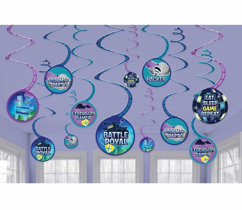 Vibrant Battle Royal spiral swirl decorations in a pack of 12, perfect for gaming-themed parties and celebrations.