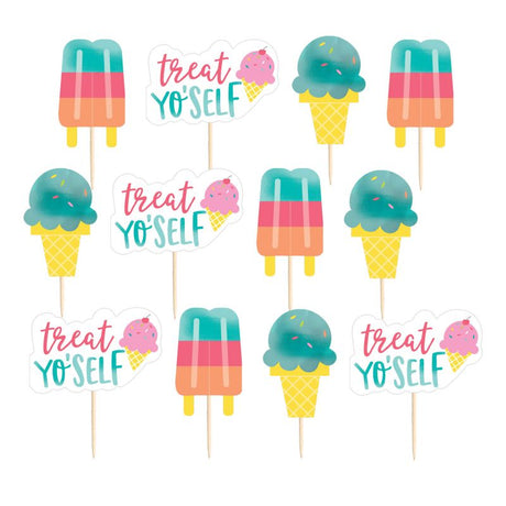 Pack of 24 Just Chillin Ice Cream Picks in assorted colorful designs, perfect for enhancing dessert presentations.