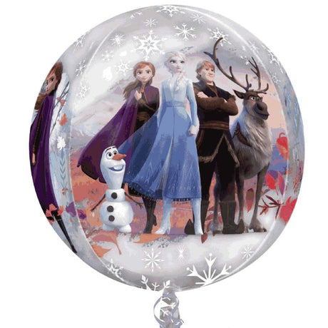 Orbz XL Frozen 2 Clear G40 balloon, 38cm x 40cm, self-sealing with vibrant Frozen 2 graphics for festive decorations.