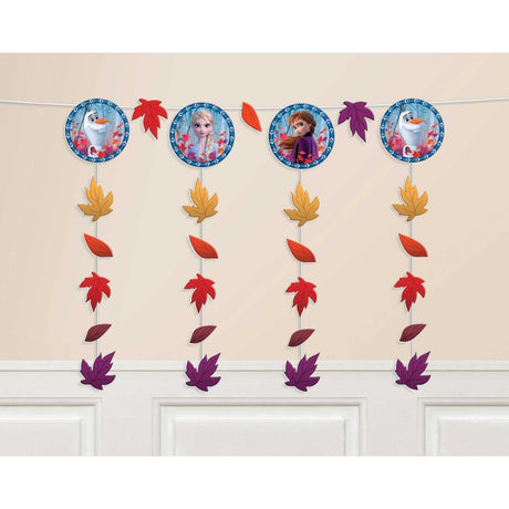 Frozen 2 Hanging String Decorations featuring vibrant characters, perfect for magical party themes, measuring 53cm.