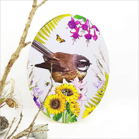 Kiwiana Wall Art featuring a vibrant Fantail bird on eco-friendly ply wood, perfect for home decor and gift-giving.