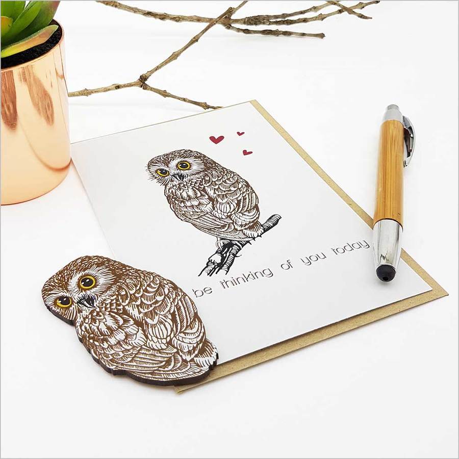 Owl Greeting Card featuring an enchanting owl embellishment, ideal for heartfelt messages, blank interior for personalization.