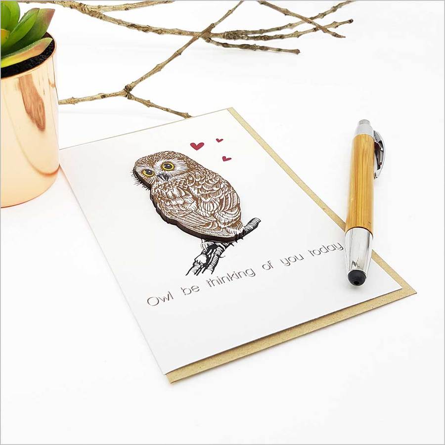 Owl Greeting Card with embellishment, blank interior for personal messages, crafted in New Zealand on quality card stock.