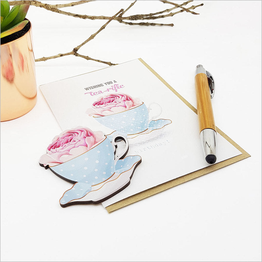 Elegant greeting card featuring a charming tea cup design, perfect for tea lovers and heartfelt messages.