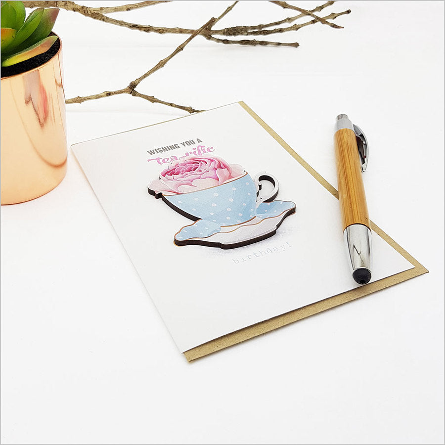 Elegant greeting card featuring a charming tea cup design, perfect for tea lovers and heartfelt messages.