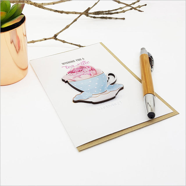 Elegant greeting card featuring a charming tea cup design, perfect for tea lovers and heartfelt messages.
