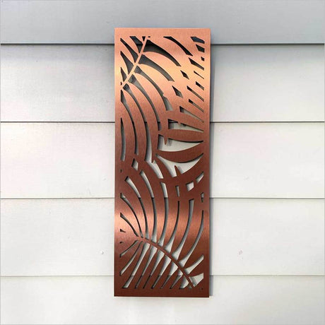 Large brushed copper wall art featuring three palm silhouettes, perfect for enhancing indoor or outdoor spaces.