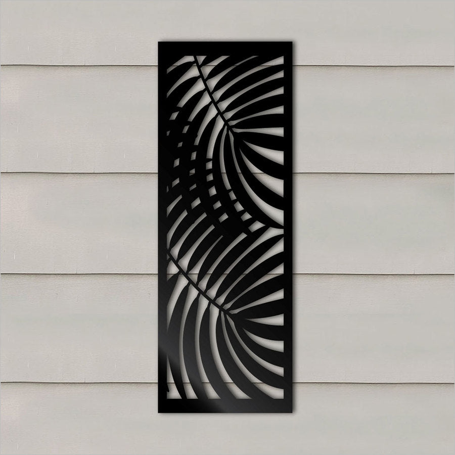Elegant large black wall art featuring double palm designs, suitable for indoor and outdoor decor, 285mm x 790mmH.