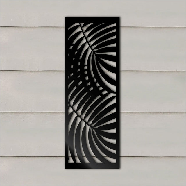 Elegant large black wall art featuring double palm designs, suitable for indoor and outdoor decor, 285mm x 790mmH.