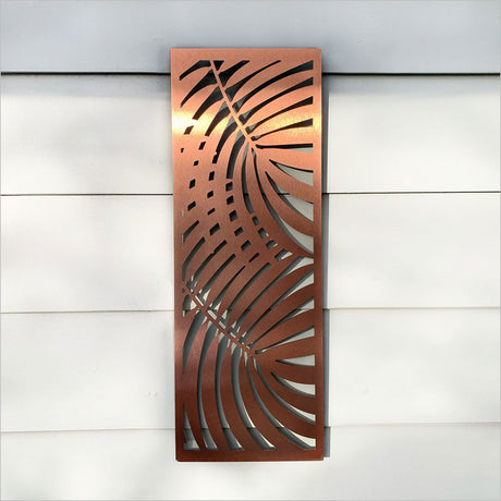 Elegant large brushed copper double palm wall art, perfect for indoor or outdoor decor, measuring 285mm x 790mmH.